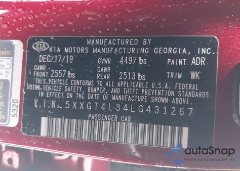 2020 Kia Optima Se z USA, uszkodzony, nr VIN 5XXGT4L34LG431267